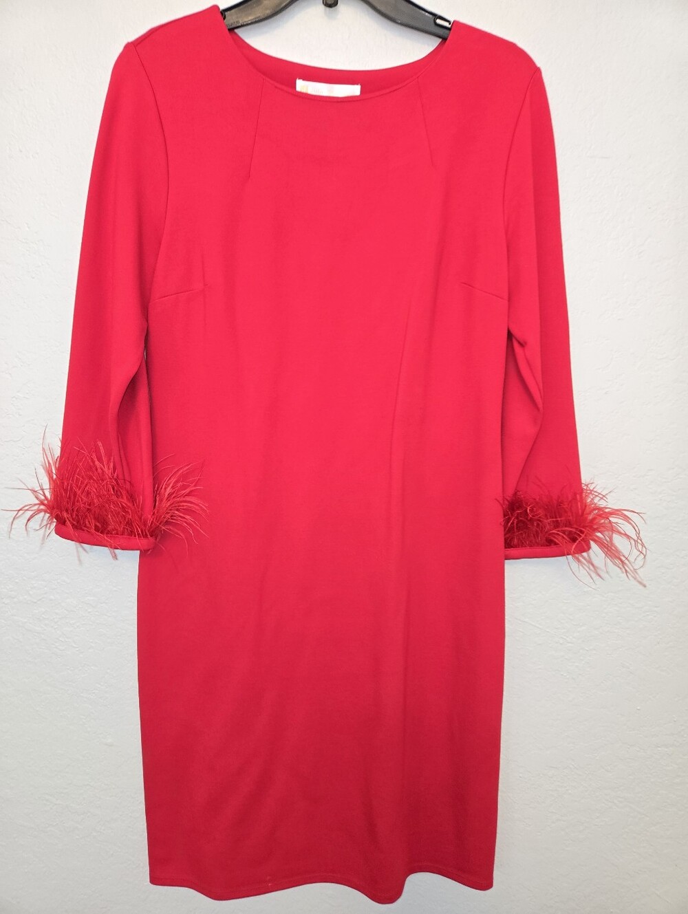 Jude Connally Franca Dress, Vibrant Red Feather-Cuff 3/4 Sleeves - Picture 2 of 5